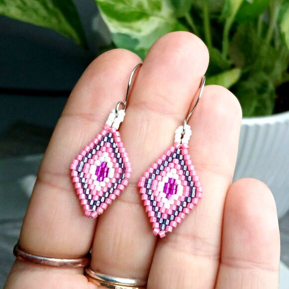 Seed Bead Diamond Geometric Dangle Earrings, Beaded Jewelry, Pink & Purple, 2" - Picture 5 of 7